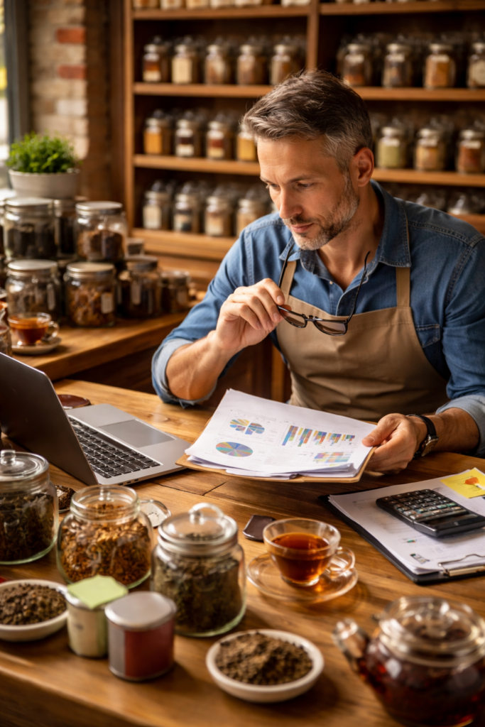 Właściciel herbaciarni analizuje dane
